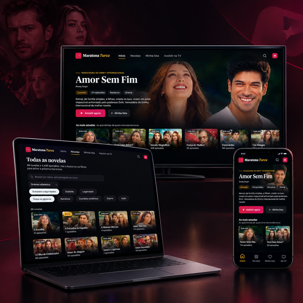 Área de membros Maratona Turca aberta na TV, no notebook e no celular
