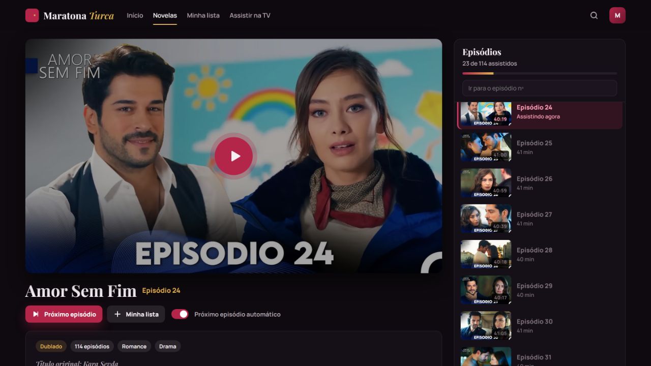 Player com a lista de episódios